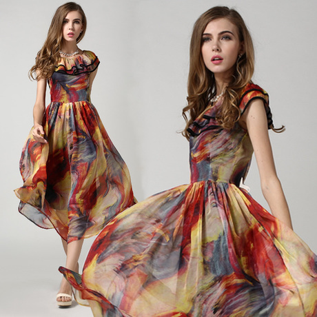 2015-Retro-Romantic-Dresses-Double-Deck-Collar-Mid-Calf-Autumn-Printing-Yellow-Orange-Chiffon-Dress-for