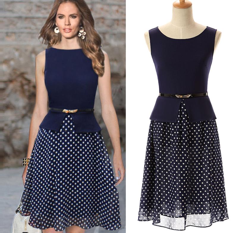 fashion-dress-2015-woman-sleeveless-summer-dress-belted-pleated-casual-polka-dot-dress-party-office-work