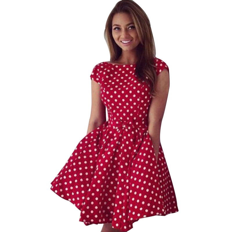 New-2016-Women-Polka-Dot-Dress-Casual-O-neck-Short-Sleeve-Summer-Red-Dress-HZLP2557