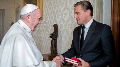 Pope Francis meets with actor Leonardo Di Caprio during a private audience in the pontiff's private studio, at the Vatican, Thursday, Jan. 28, 2016. (L'Osservatore Romano/Pool Photo via AP) Vatican Pope Di Caprio